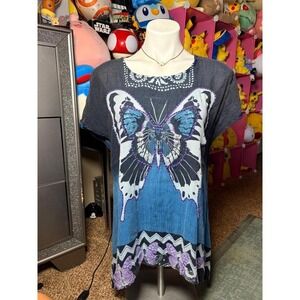 Y2K GreaterGood Women Blue Butterfly Beaded Embroidered Tunic Top S/M Boho #2